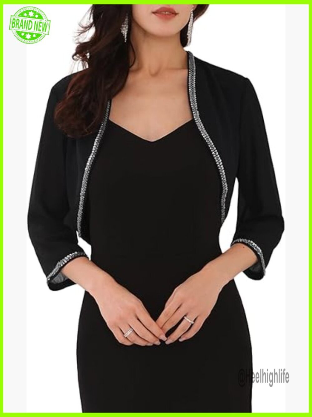 Sequin Beaded Open Front Bolero Shrug 3/4 Sleeve Formal Wedding Cocktail